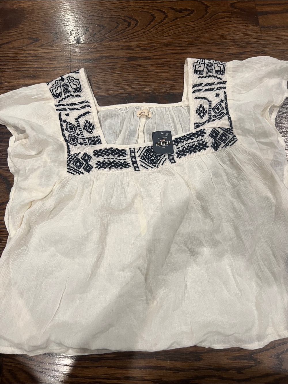 Hollister White Square-Neck Tunic with Navy Embroidery